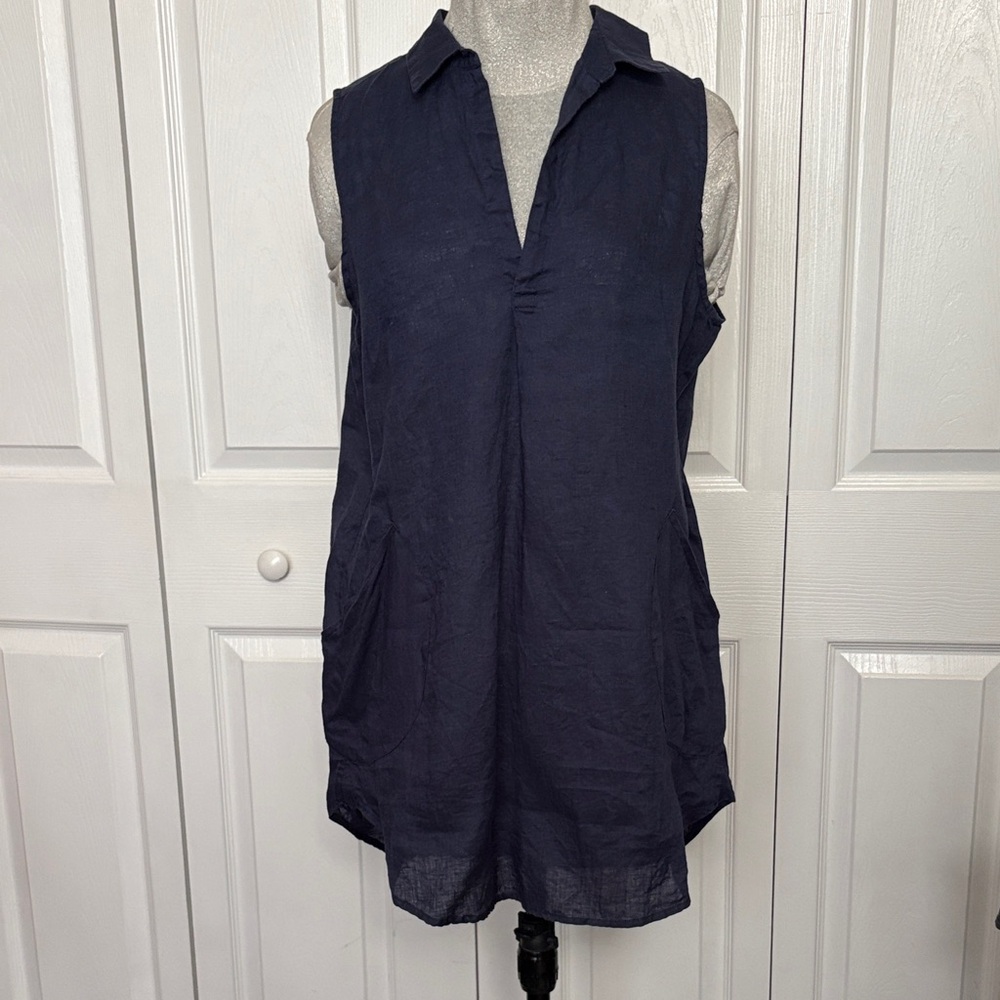 For Cynthia 100% Linen Sleeveless Navy Tunic Top Beachwear Coverup w/ Pockets